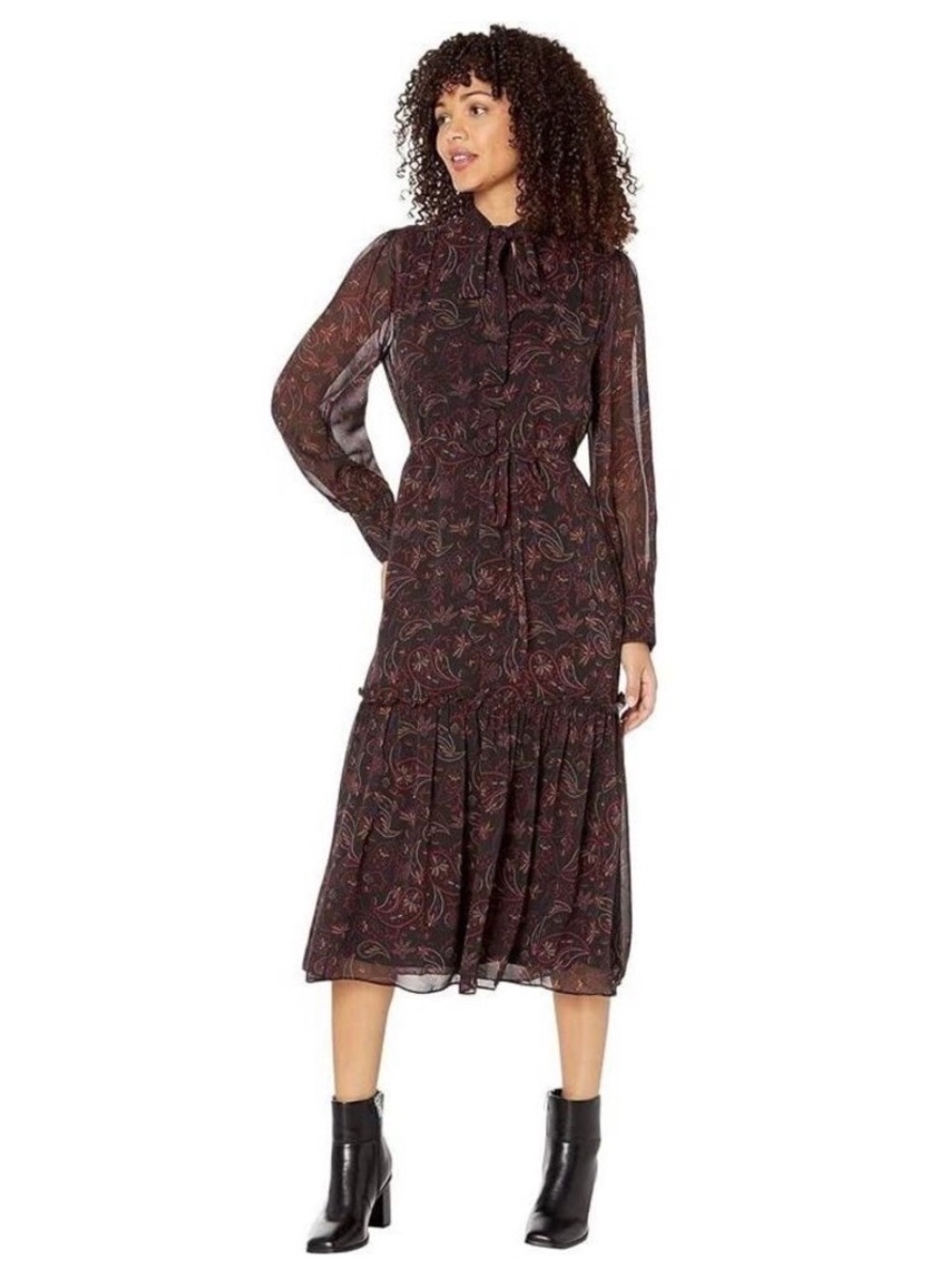 Joie L Roussel Paisley Silk Midi Dress Caviar Multi Tie V-Neck Pullover $448